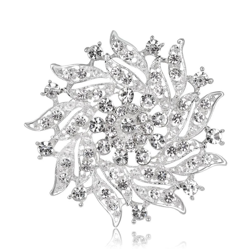 Elegant Pink Rhinestone Crystal Flower Brooch, Silver Alloy Floral Lapel Pin Corsage Suit Accessory Gift