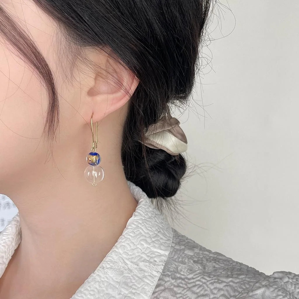 New Chinese Style Handmade Glass Crystal Asymmetric Indigo Geometric Round Drop Earrings