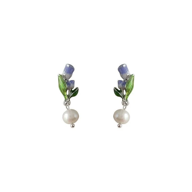 Forest Style Handmade Tulip Flower Stud Earrings With Freshwater Pearls Purple Enamel Silver Plated Copper