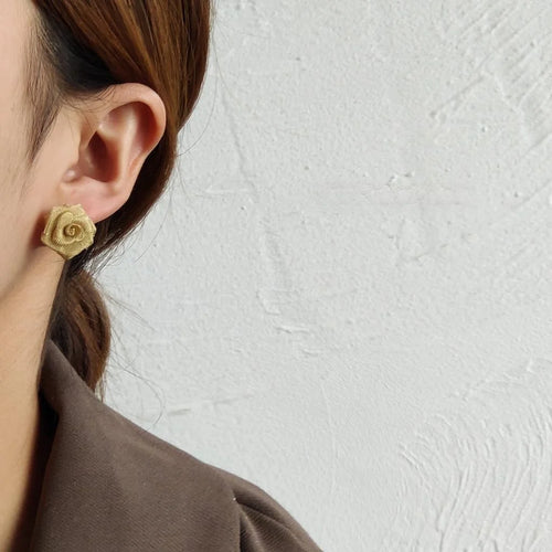 Elegant Vintage Yellow Rose Flower Drop Earrings Copper Gold Gauze Silver Plated Pin