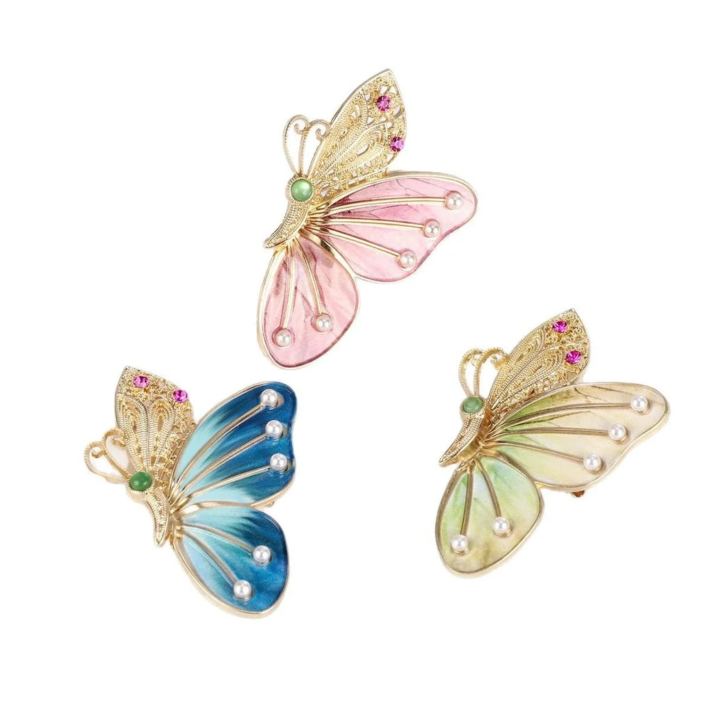 Luxury Blue Enamel Butterfly Brooch With Rhinestone And Pearl Accents, Elegant Lapel Pin Corsage Gift