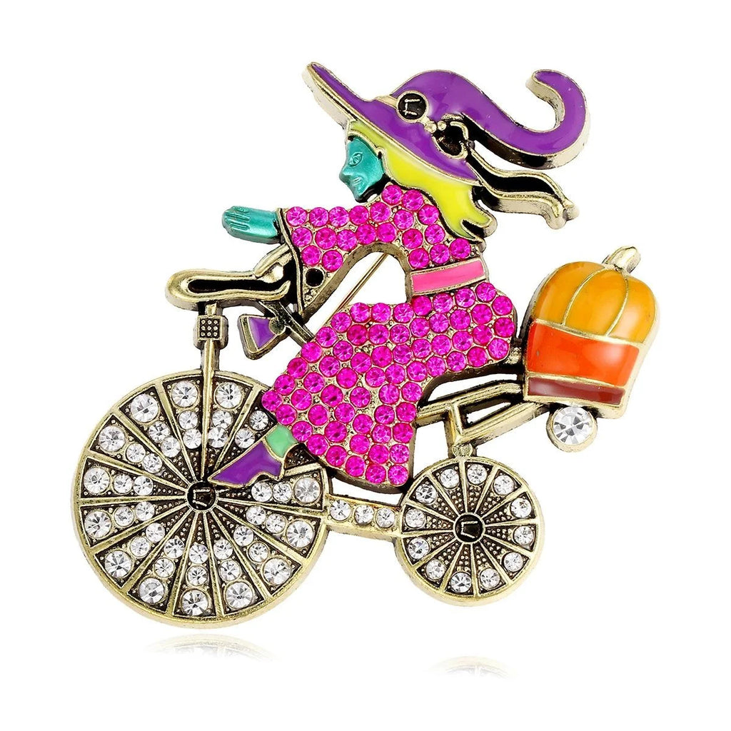 Cute Halloween Witch Riding Bicycle Pumpkin Enamel Rhinestone Alloy Brooch Lapel Pin Gift Accessory