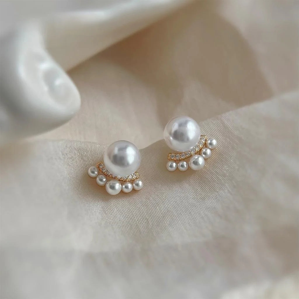 French Vintage Crown Stud Earrings Copper Micro Pave Zircon High Luster Pearl Jewelry