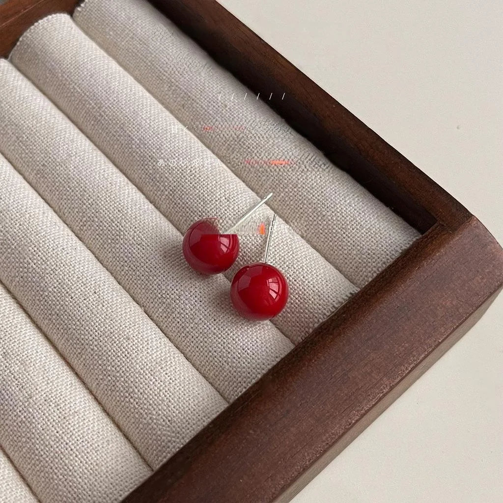 Burgundy Vintage Hong Kong Style Round Glass Pearl Copper Stud Earrings