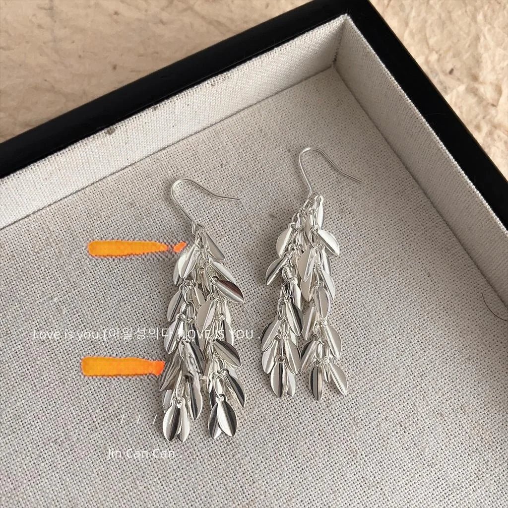 Glossy Copper Leaf Tassel Drop Earrings Trendy Metallic Wheat Inspired Statement Jewelry