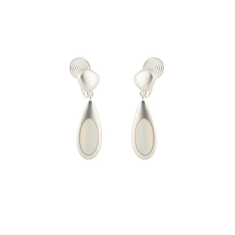 Elegant Matte Silver Alloy Spiral Disc Teardrop Dangle Stud & Clip On No Piercing Earrings