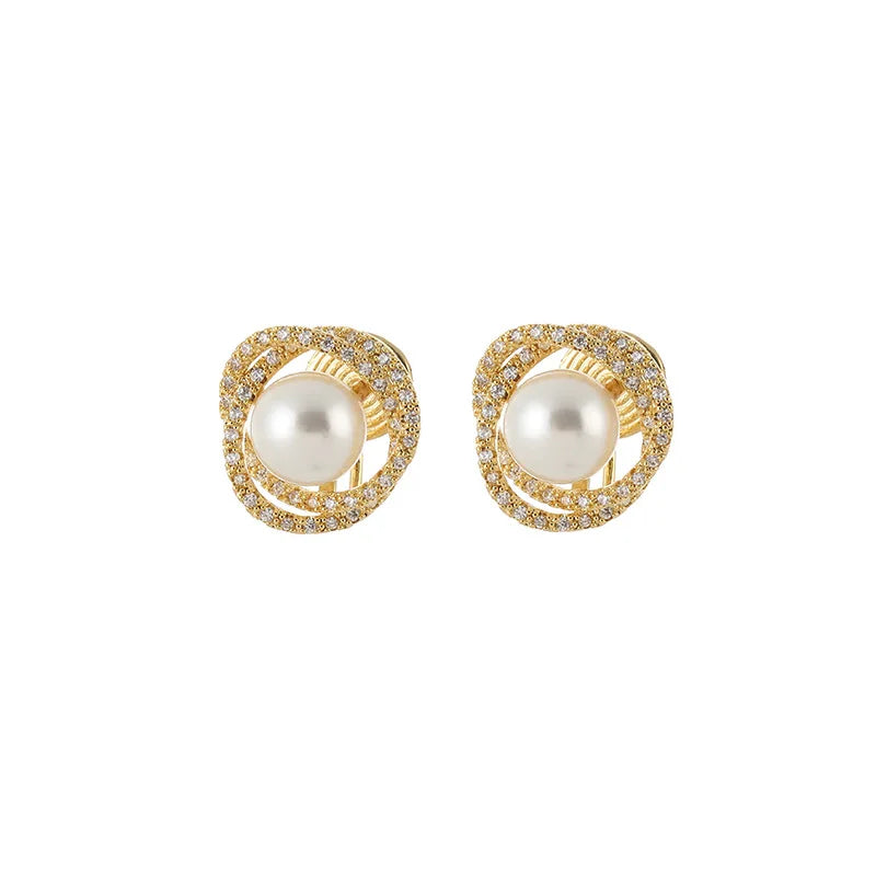 Luxury Gold Alloy Spiral Hoop Faux Pearl Zircon Stud & Clip On No Piercing French Vintage Earrings