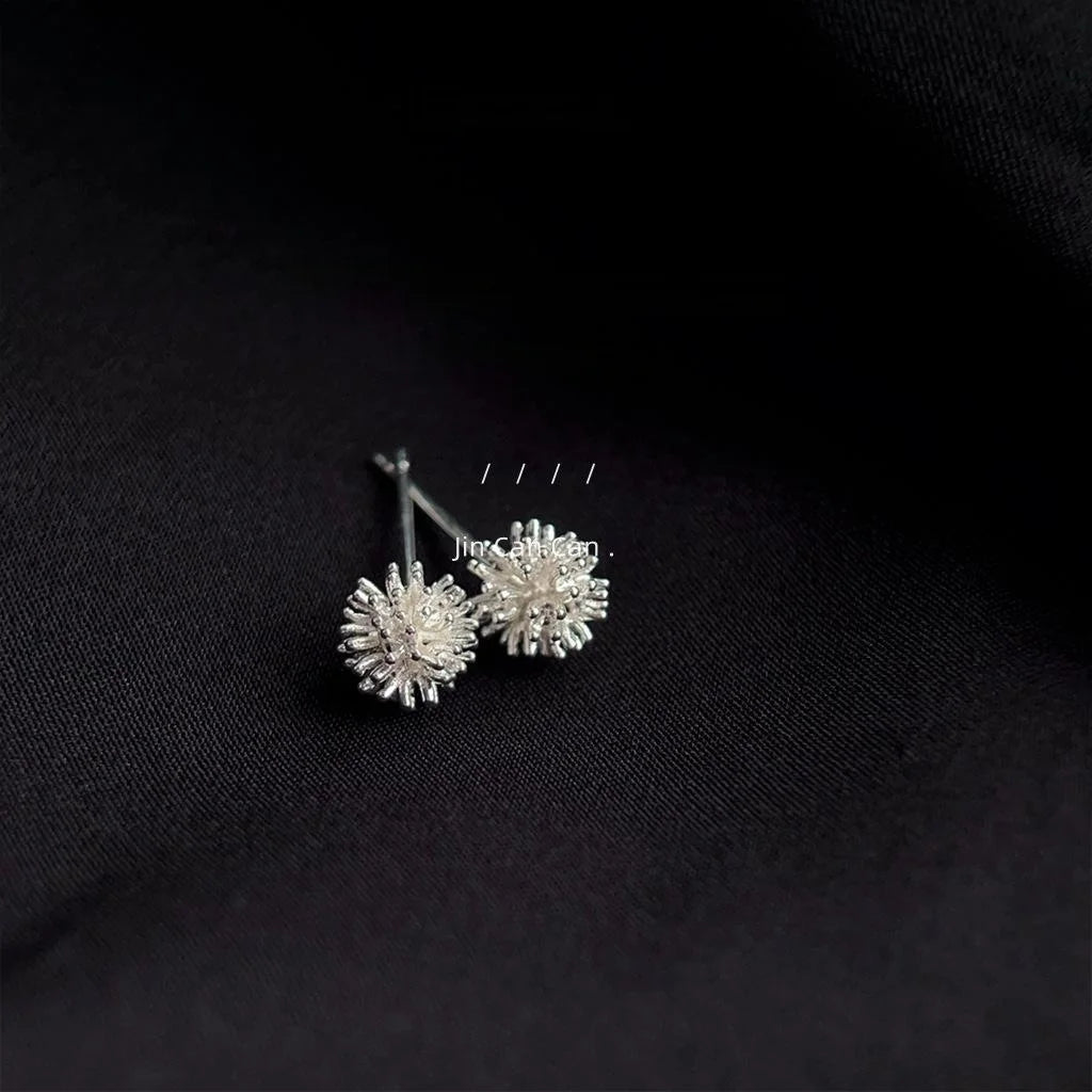 Minimalist Copper Dandelion Stud Earrings, Mini Round Ball Firework Floral Everyday Jewelry