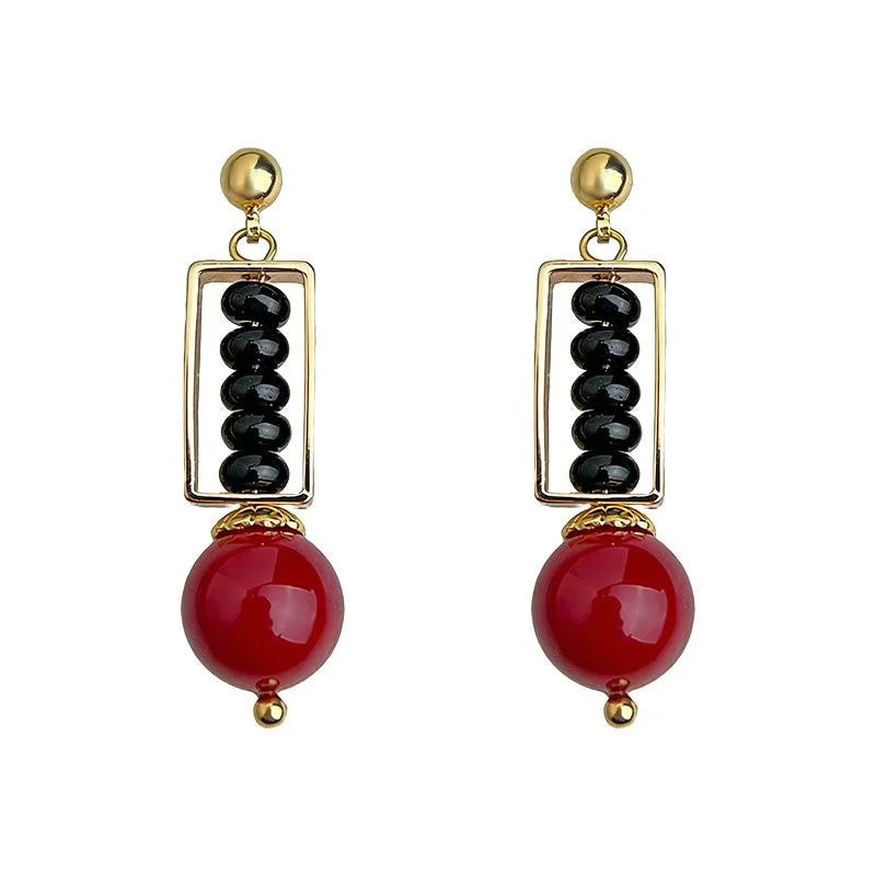 Red Black Handmade Chinese Style Geometric Drop Earrings With Glass Pearls And Natural Stone