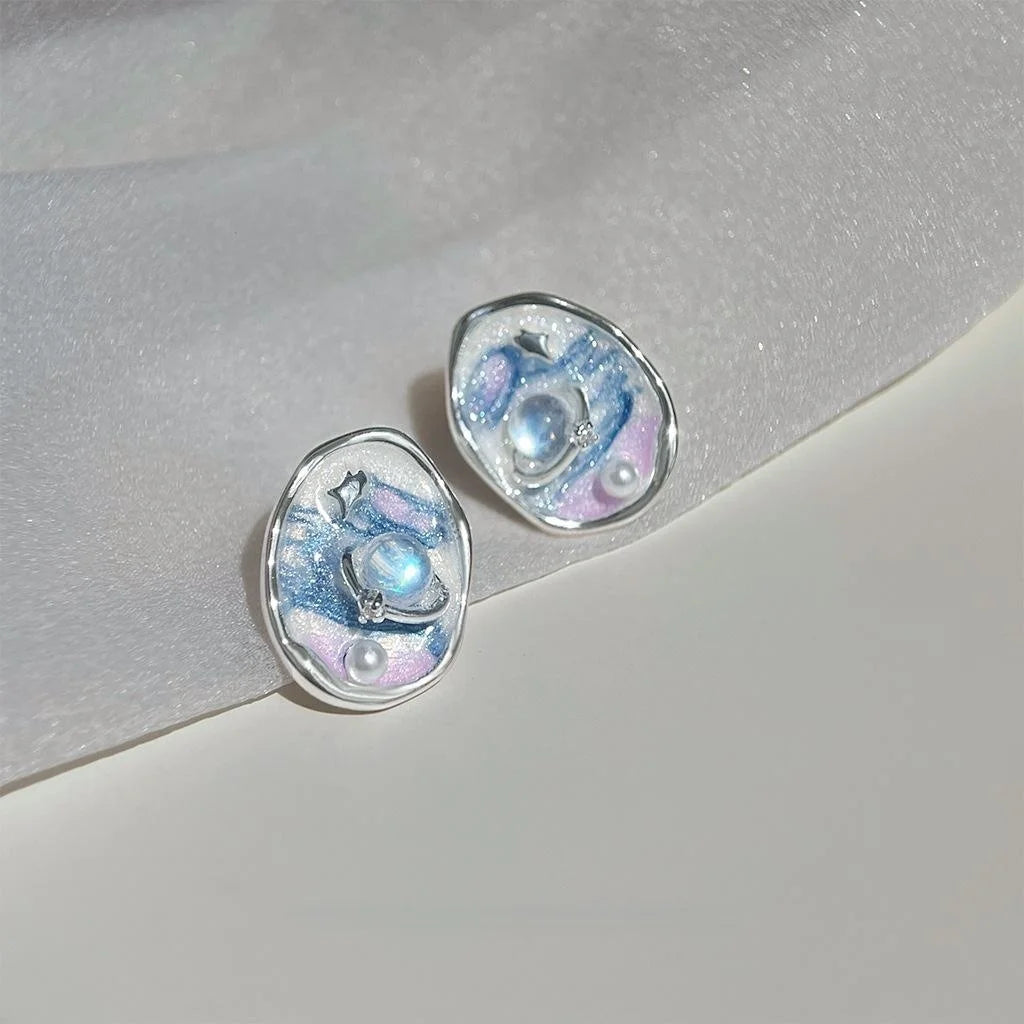 Niche Star Planet Enamel Drip Copper Stud Earrings For Women
