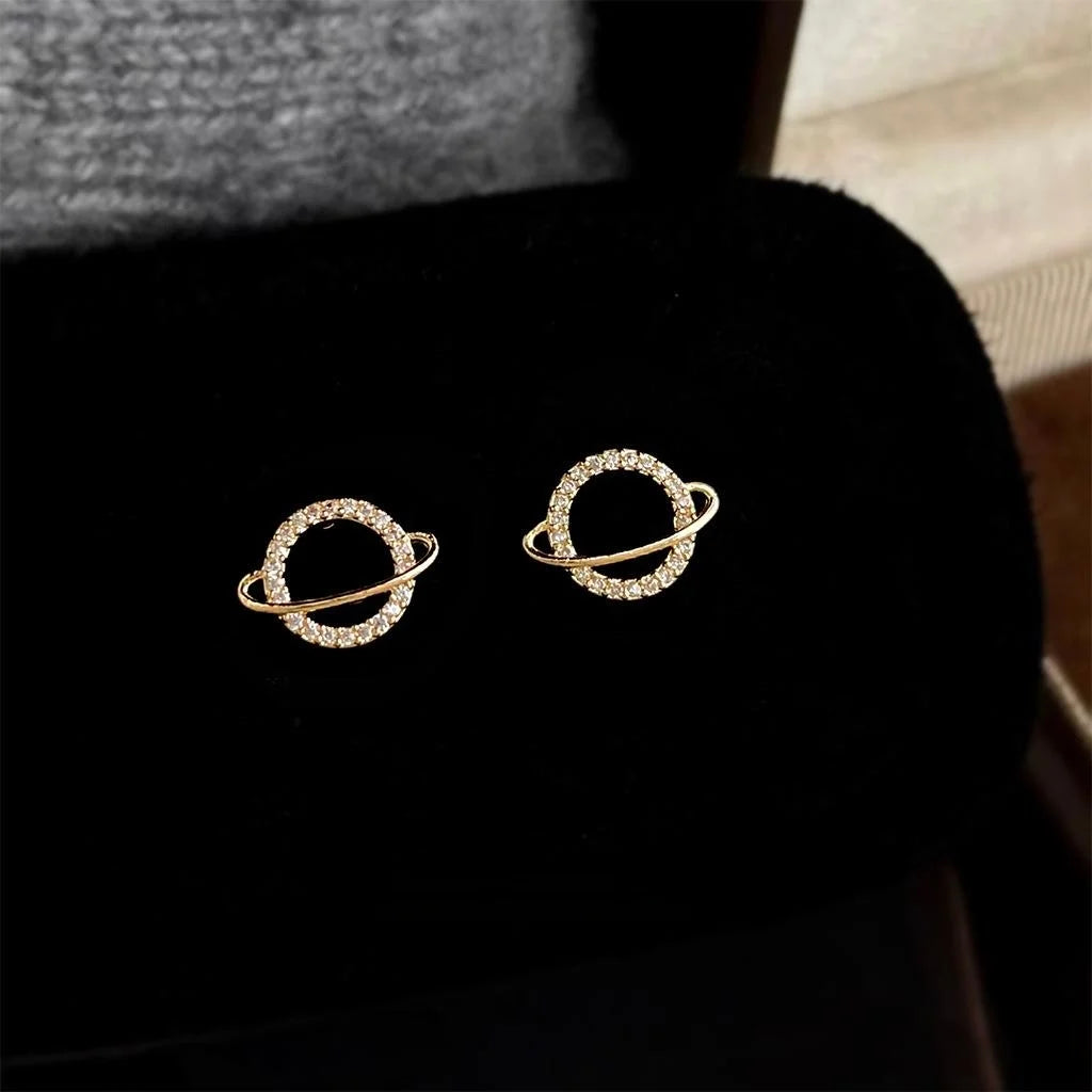 14K Plated Copper Micro Pave Zircon Hollow Planet Stud Earrings