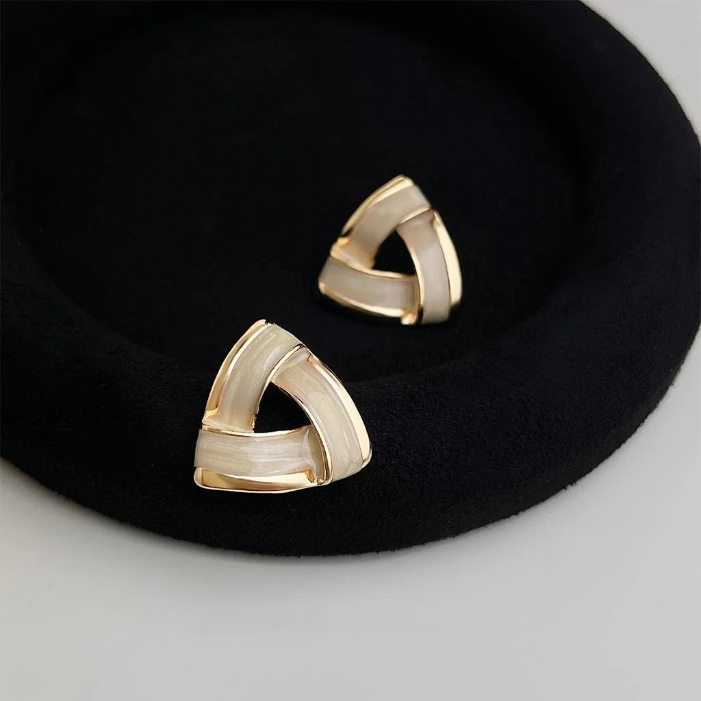 French Vintage Geometric Triangle Enamel Copper Stud Earrings, Light Luxury Silver Plated for Women