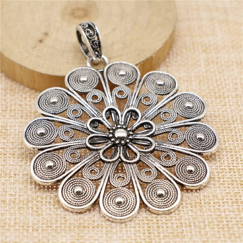 75x61mm 16.2g Antique Silver Zinc Alloy Mandala Pattern Charm Pendant for DIY Necklace Making