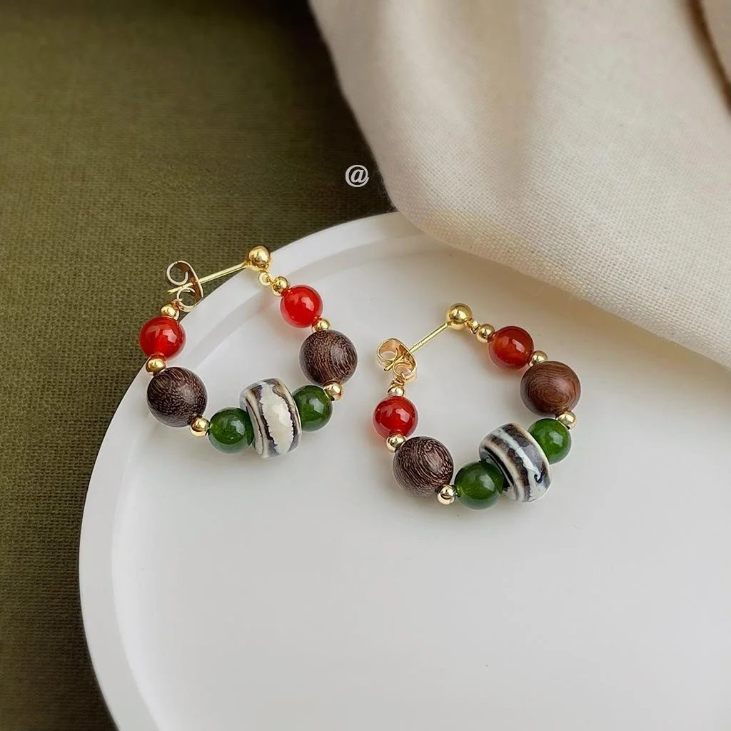 Vintage Handmade Ceramic Agate Geometric Irregular Round Hoop Line Drop Earrings