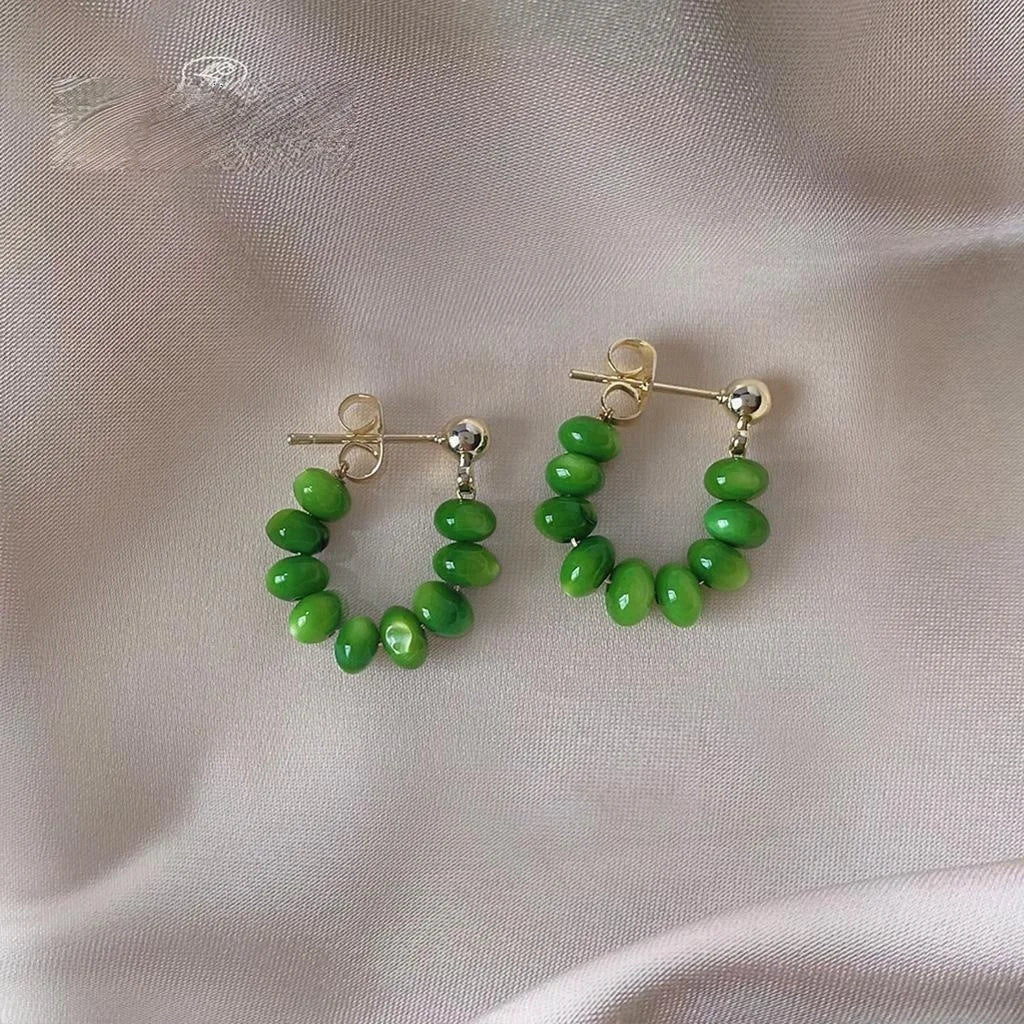 Fresh Green Shell Geometric Ring Line Drop Earrings Handmade Silver Plated Elegant Jewelry