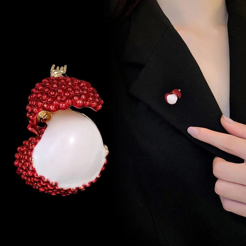 Elegant Red Enamel Lychee Fruit Brooch With Alloy Gold Tone Open Design, Cute Lapel Pin Corsage Gift