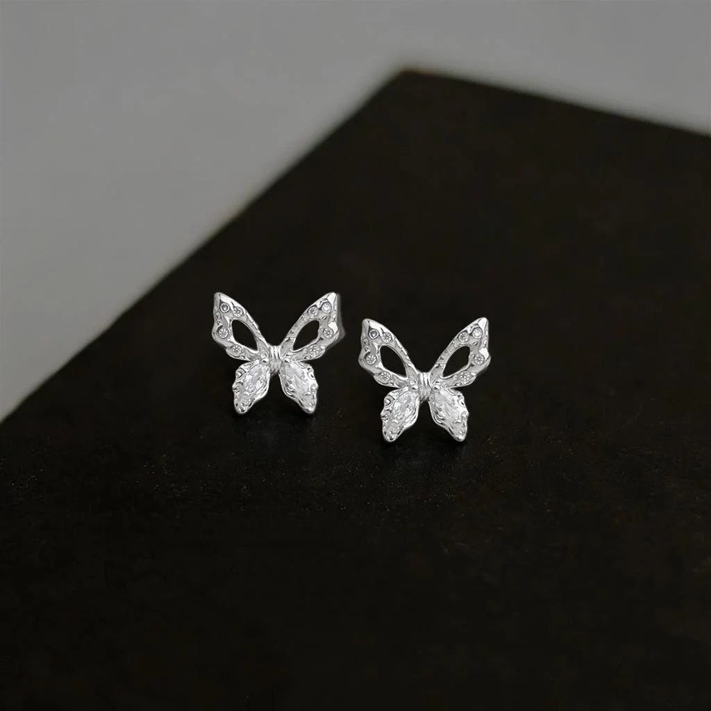 Mini Micro Pave Zircon Butterfly Stud Earrings Copper Fresh Simple Silver Plated Pin