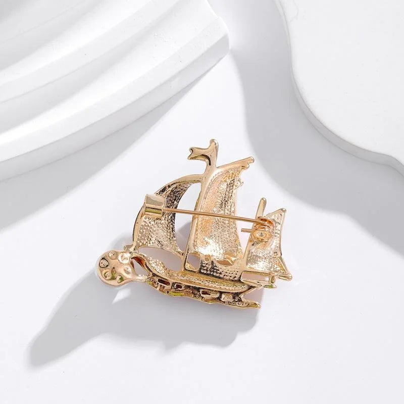 Elegant Sailboat Brooch Alloy Red Enamel Rhinestone Mother Of Pearl Lapel Pin Corsage Suit Accessory Gift