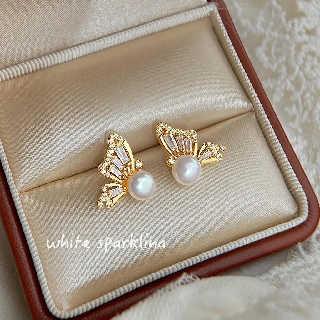French Vintage Copper Freshwater Pearl Micro Pave Zircon Butterfly Stud Earrings