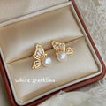French Vintage Copper Freshwater Pearl Micro Pave Zircon Butterfly Stud Earrings