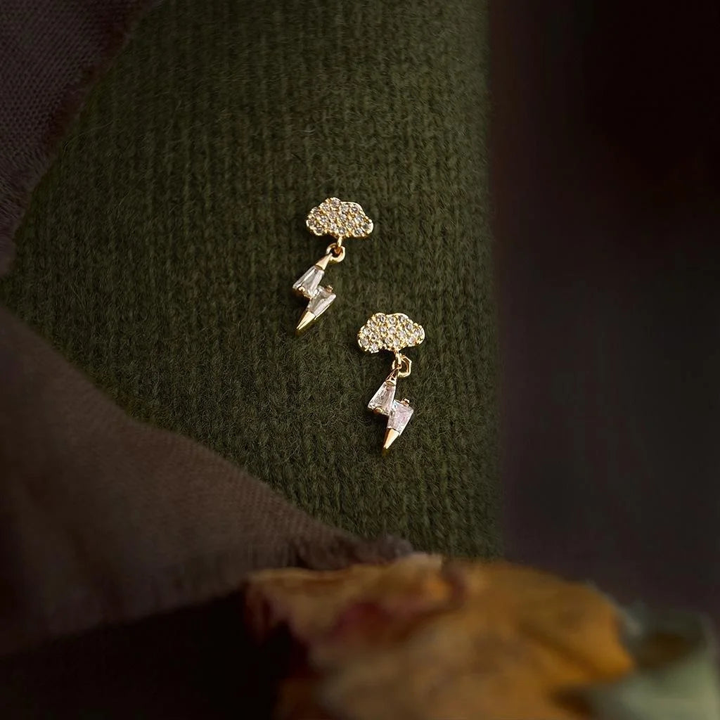Eco Copper 14K Plated Micro Pave Zircon Lightning Cloud Stud Earrings Minimalist Daily Jewelry