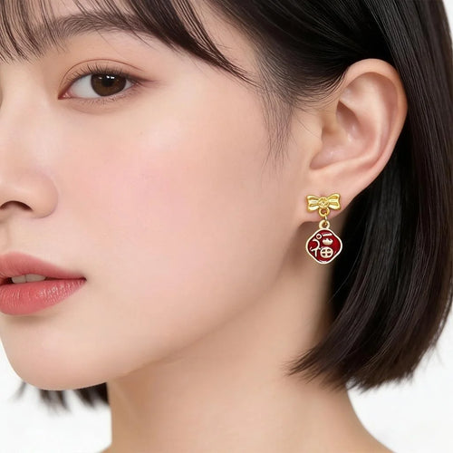 Chinese New Year Bow Fu Drop Earrings Matte Copper For Women