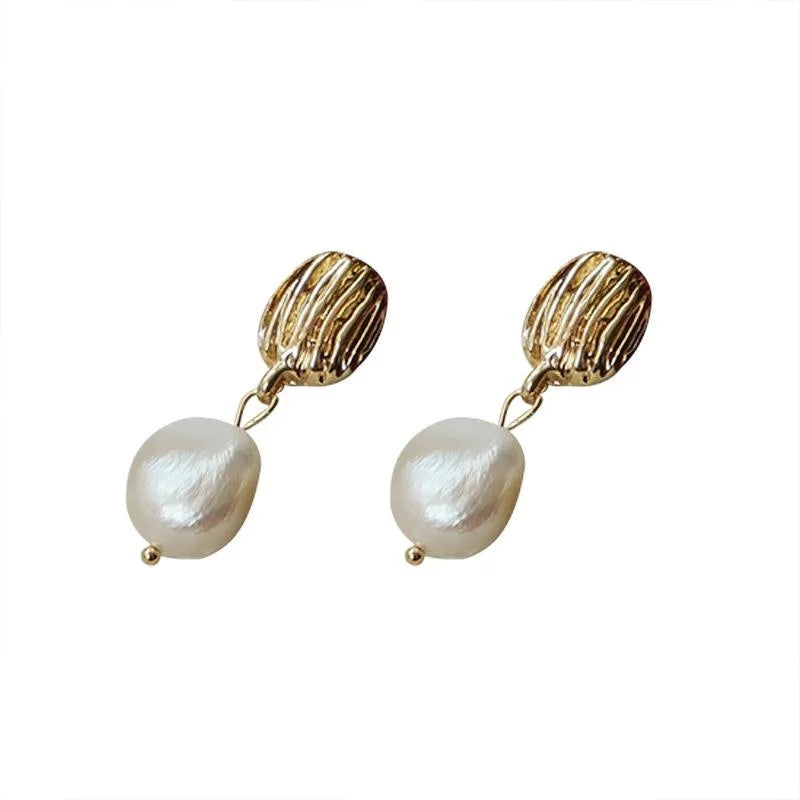 Vintage Baroque Freshwater Pearl Stud Earrings 14K Gold Plated Handmade Geometric Jewelry
