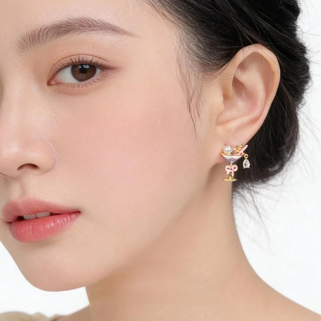 Sweet Style Wine Glass Stud Earrings Copper Zircon Micro Pave Pearl Painted Geometric Jewelry