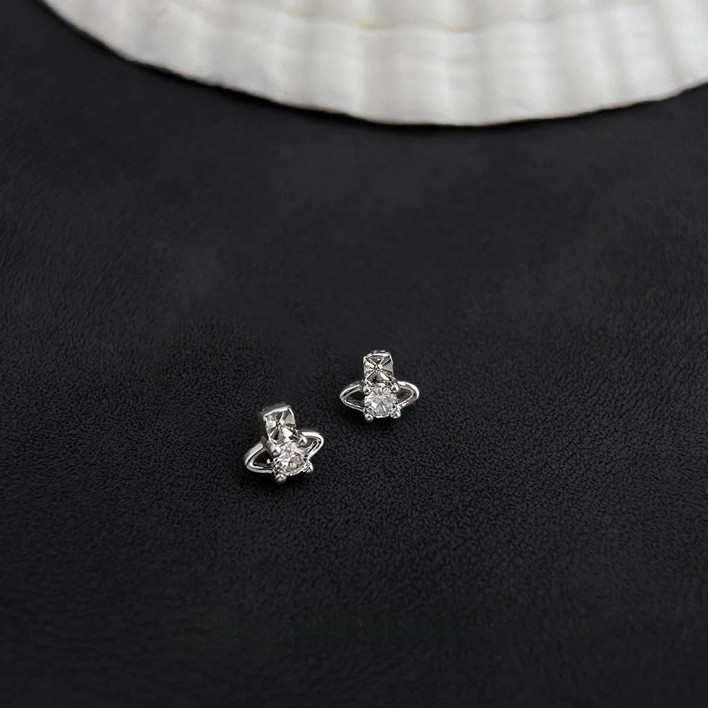Mini Saturn Zircon Stud Earrings For Women, Copper, Simple Geometric Style