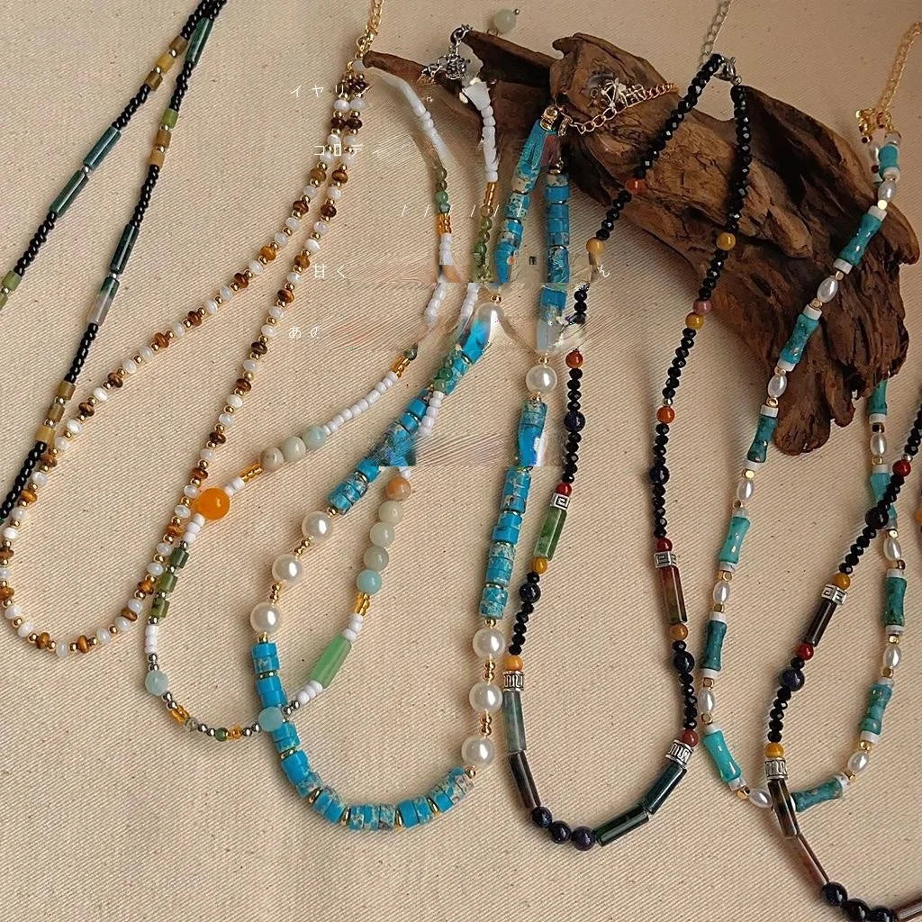 New Chinese Style Natural Stone Beaded Geometric Ring Choker Necklace For Women