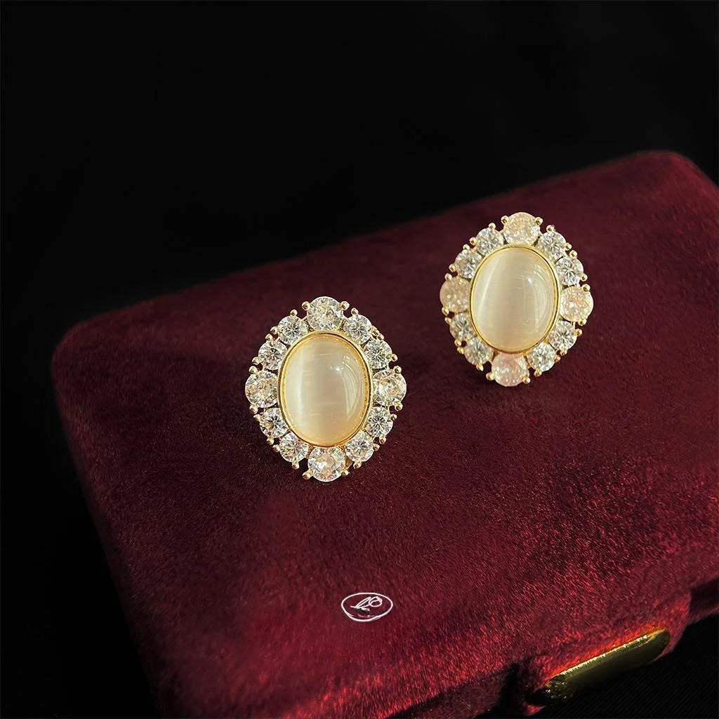 14K Gold Plated Copper Glass Cat Eye Stone Micro Pave Zircon Geometric Stud Earrings