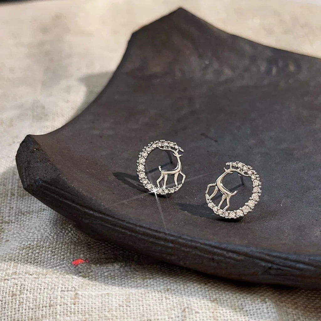 Cute Christmas Reindeer Micro Pave Zircon Copper Stud Earrings
