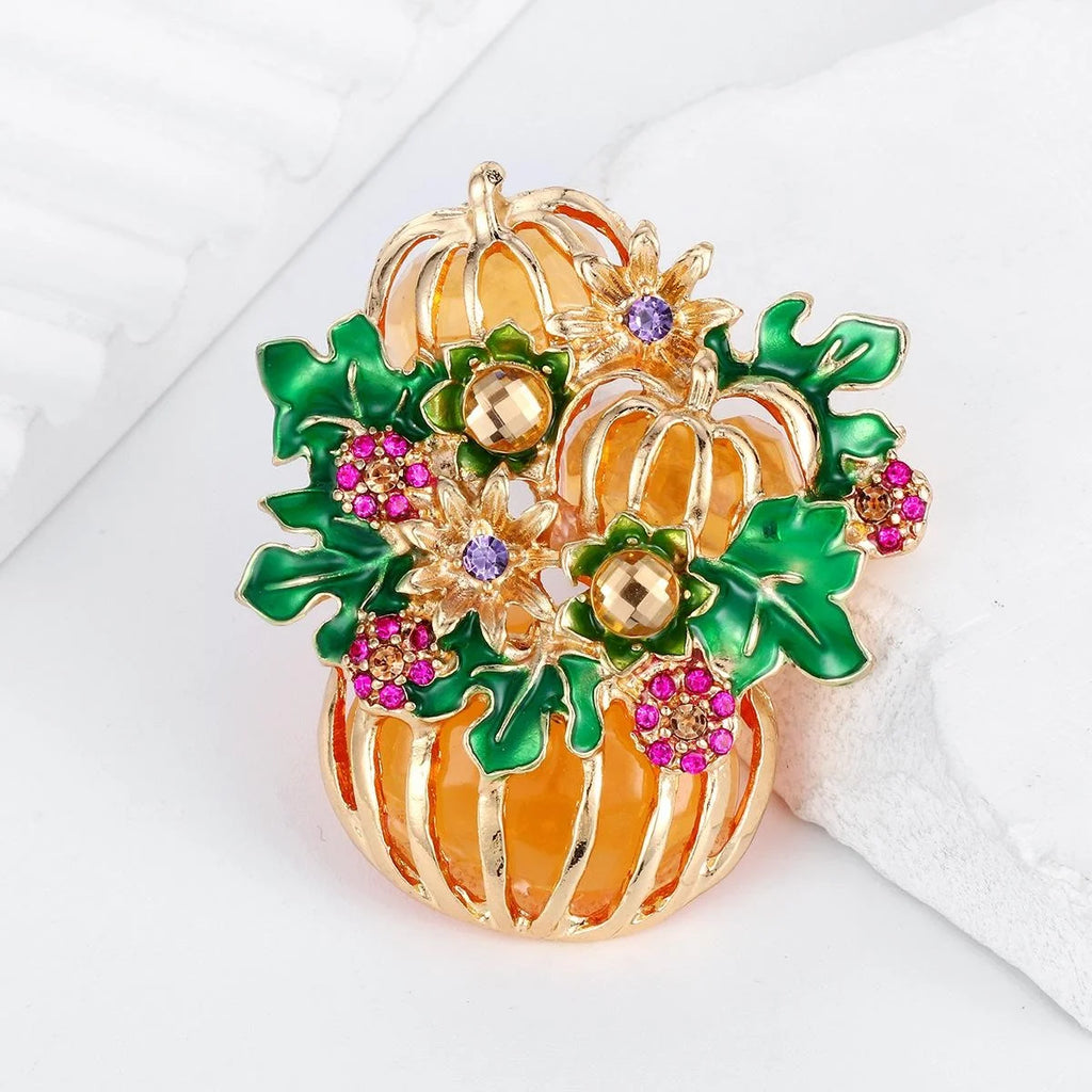 Elegant Enamel Pumpkin And Leaf Rhinestone Brooch, Gold Tone Alloy Halloween Lapel Pin Corsage Gift