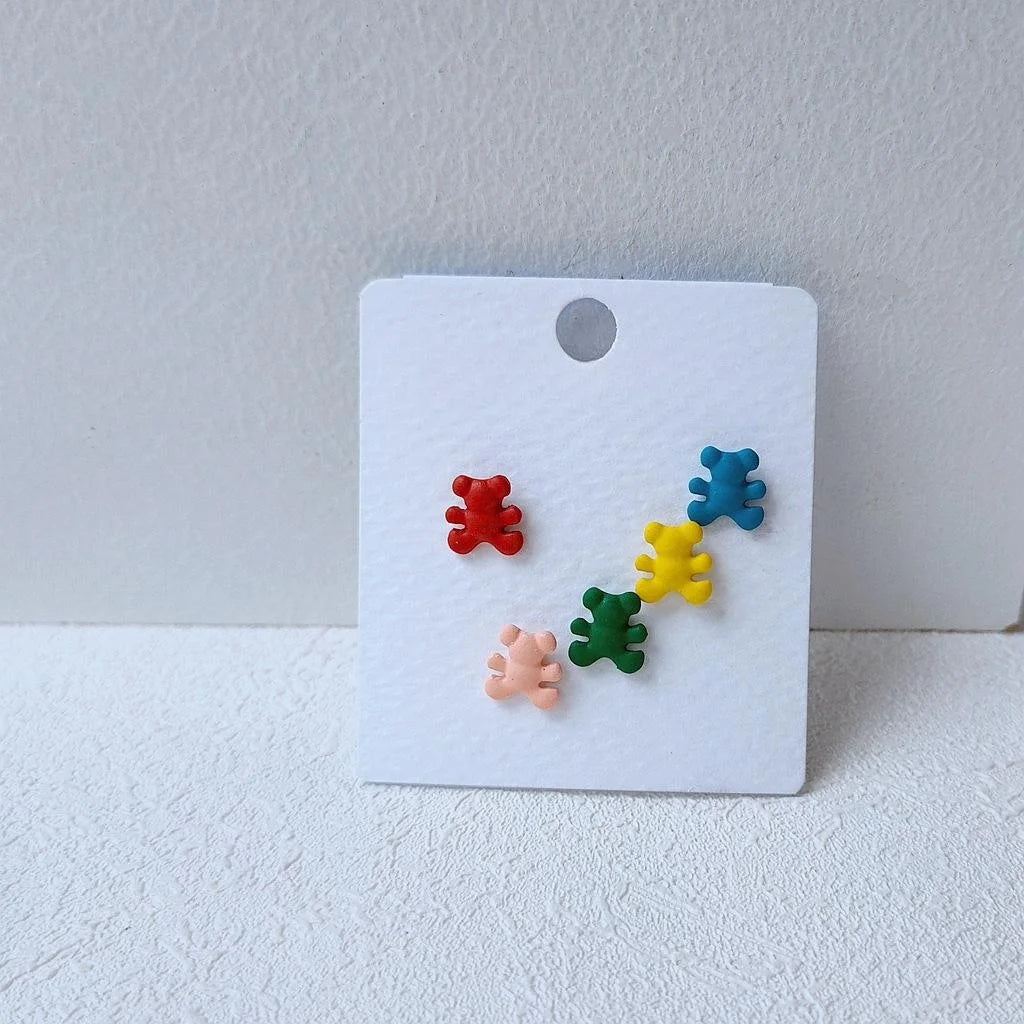 5 Piece Mini Bear Enamel Alloy Stud Earrings With Silver Plated Pins Korean Japanese Style
