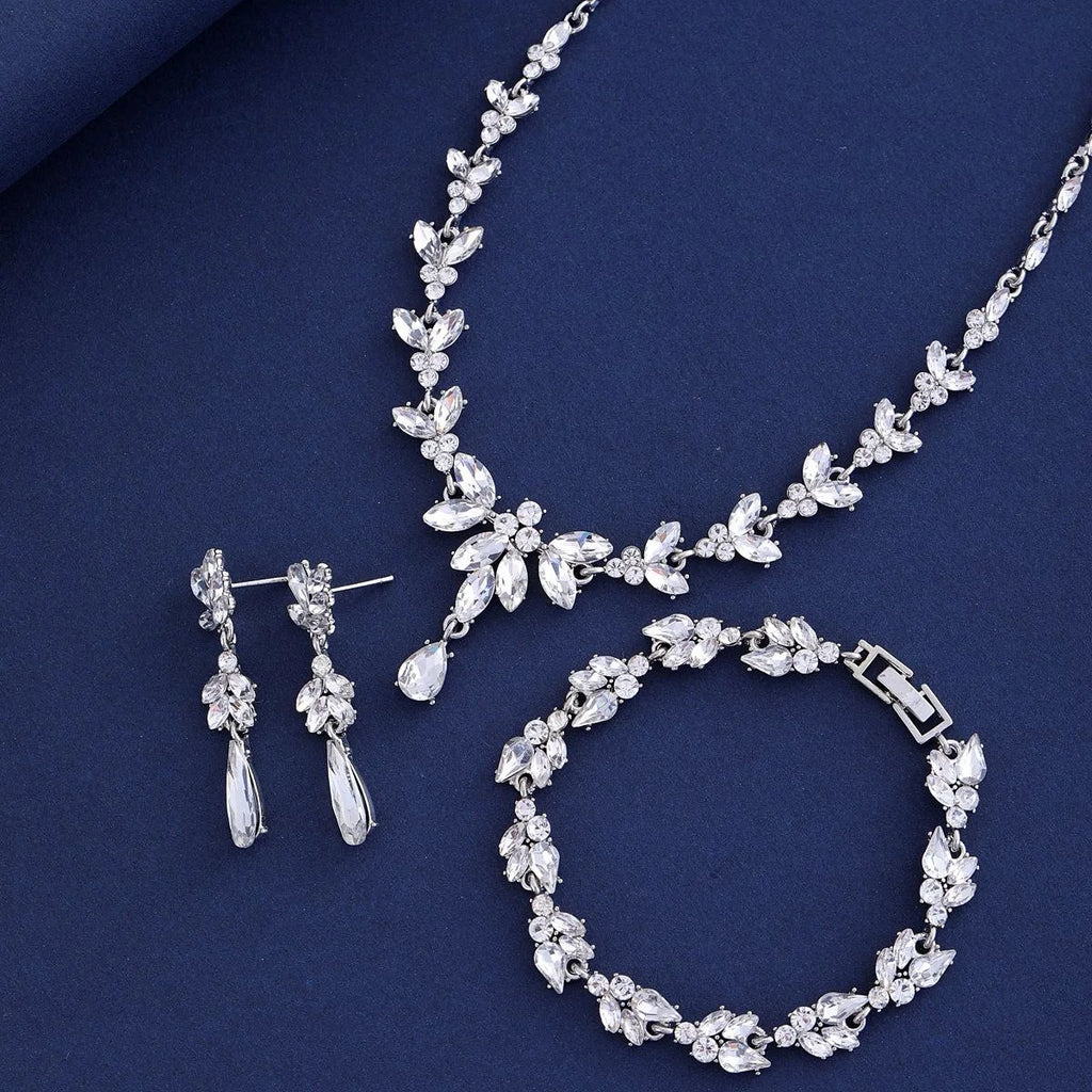 Luxury Bridal Marquise Glass Crystal Necklace Bracelet Earrings Jewelry Set For Wedding Party Banquet Gift