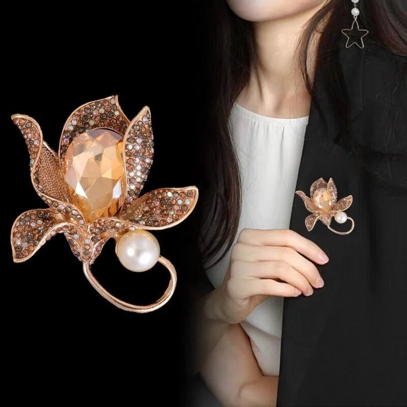 Elegant Vintage Orchid Flower Brooch With Crystal Rhinestones And Pearl, Luxury Copper Alloy Lapel Pin Gift