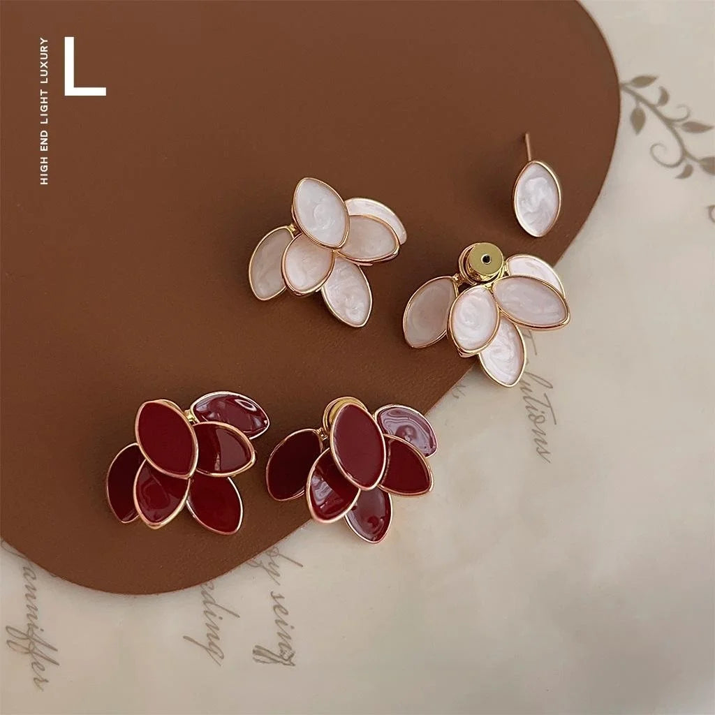French Vintage Burgundy Enamel Copper 3D Leaf Two-Way Designer Drop Earrings