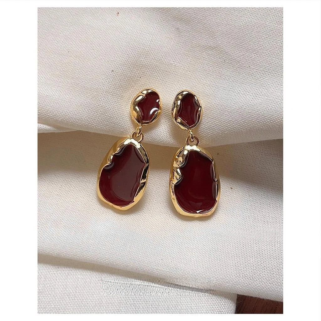 Luxury Hong Kong Retro Copper 14K Plated Burgundy Enamel Irregular Oval Drop Earrings