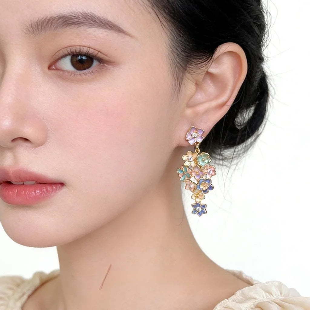 Copper Zircon Painted Enamel Flower Tassel Drop Earrings, Elegant Resort Style