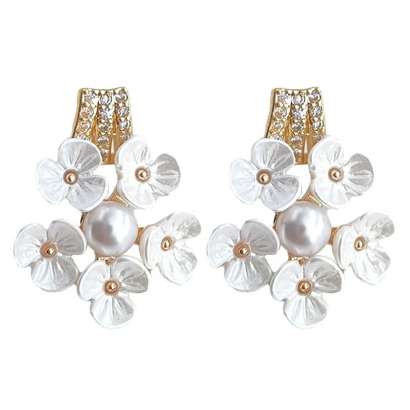 14K Gold Plated Copper Pearl Zircon Peach Blossom Stud Earrings Sweet Elegant Floral Jewelry