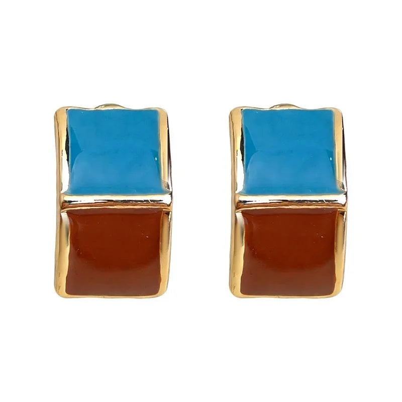 Fashion Contrast Color Square Geometric Enamel Stud Earrings For Women