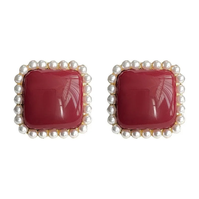 French Vintage Burgundy Geometric Square Zinc Alloy Stud Earrings For Women