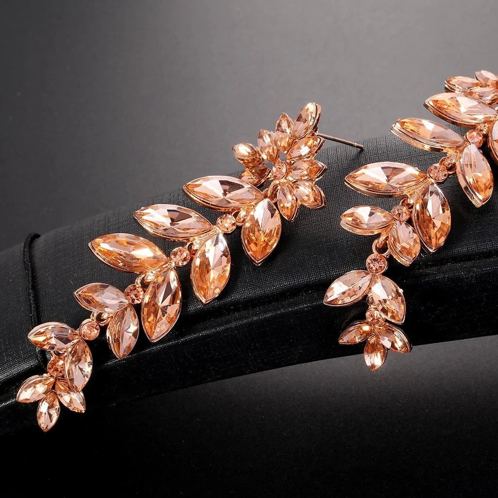 Elegant Long Tassel Crystal Leaf Flower Alloy Rhinestone Earrings For Bridal Wedding Party Banquet
