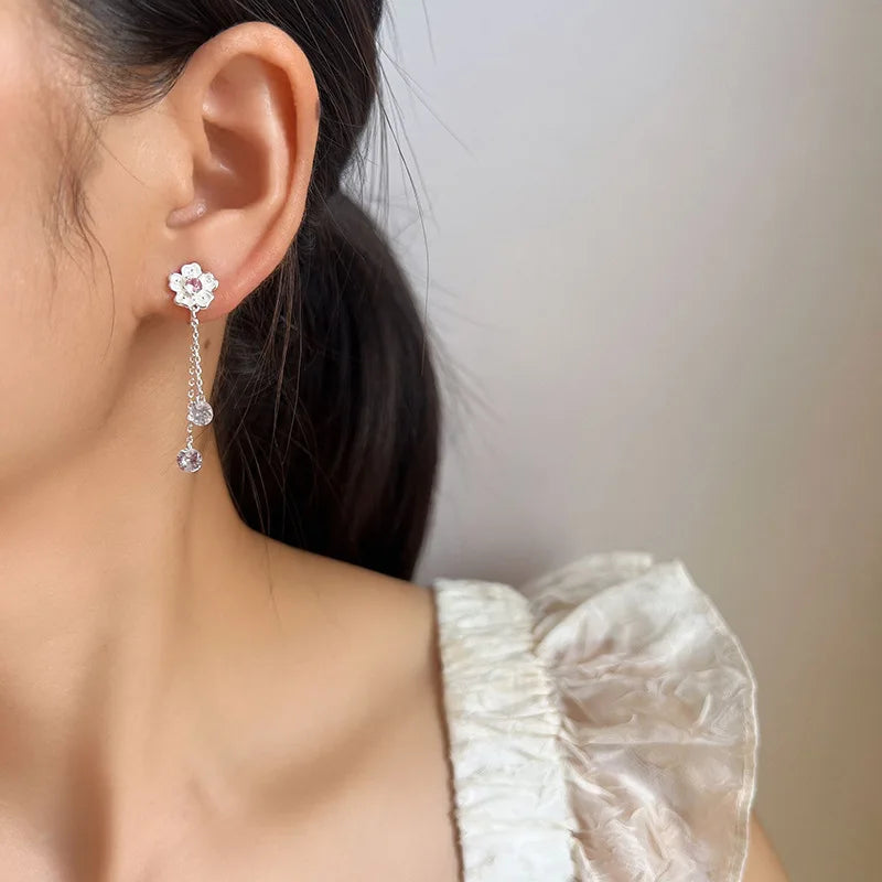 Elegant Pink Zircon Sakura Flower Long Tassel Alloy Stud & Clip On No Piercing Dangle Earrings