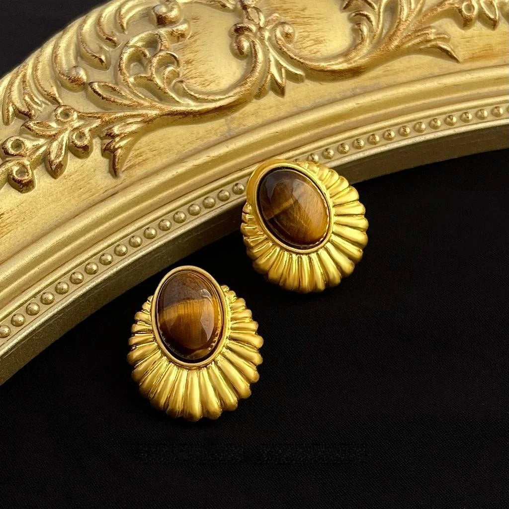 Vintage Tiger Eye Natural Stone Geometric Drop Earrings 14K Gold Plated Copper Ethnic Style