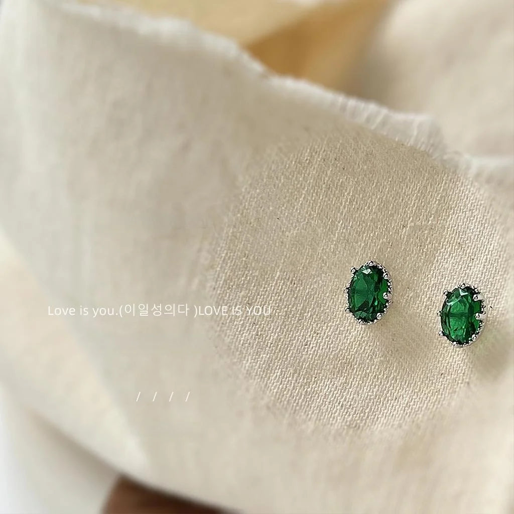 Mini Emerald Green Oval Zircon Pave Copper Stud Earrings With Silver Plated Pins