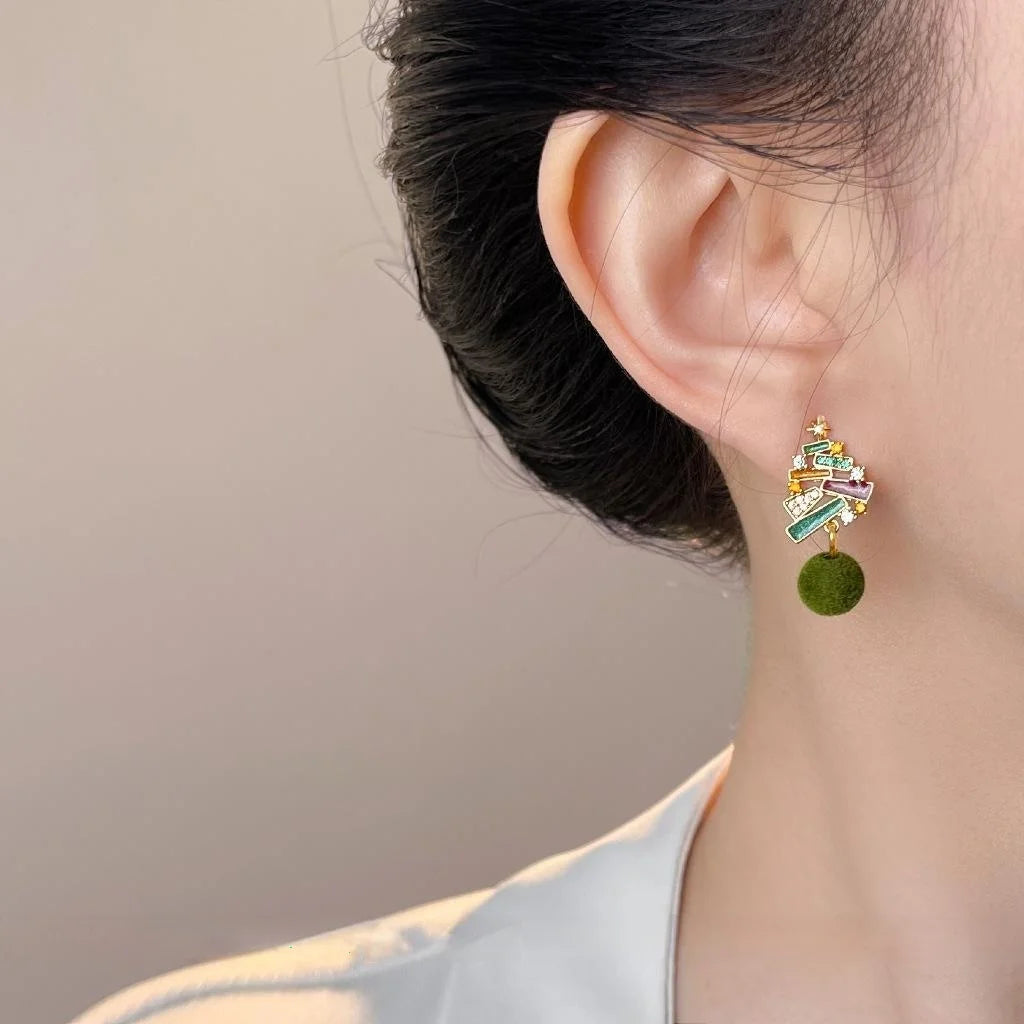 Christmas Tree Drop Earrings Micro Pave Zircon Hand Painted Enamel Flocked Pom Pom