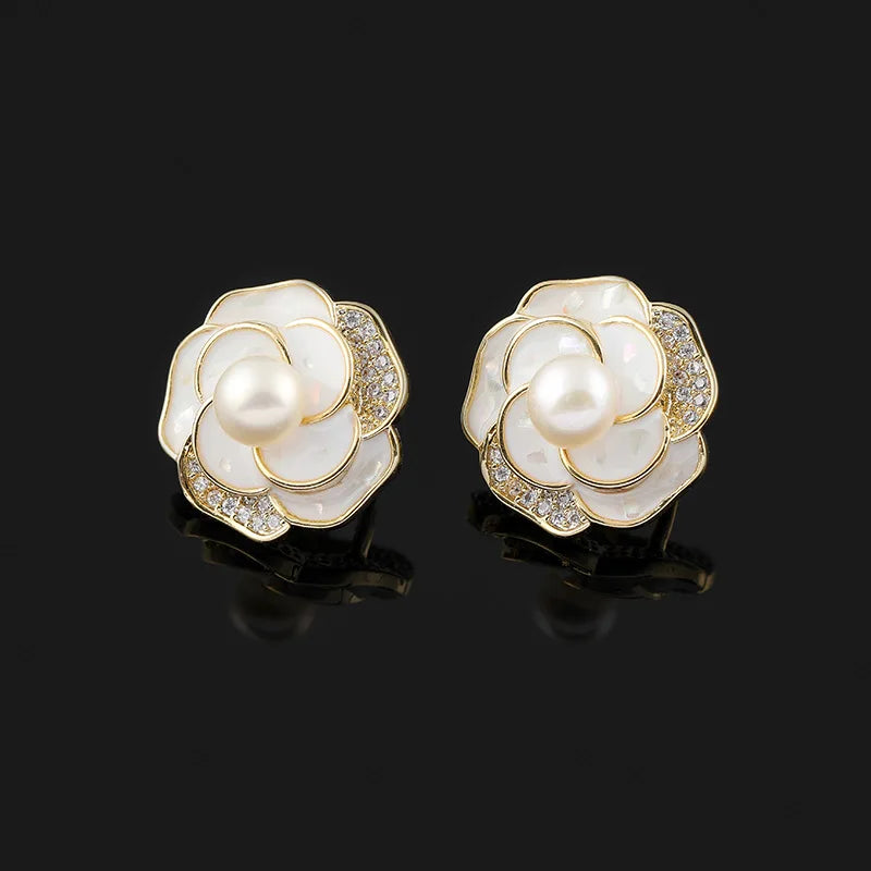 Elegant Luxury White Camellia Flower Pearl Enamel Rhinestone Stud & Clip On No Piercing Earrings