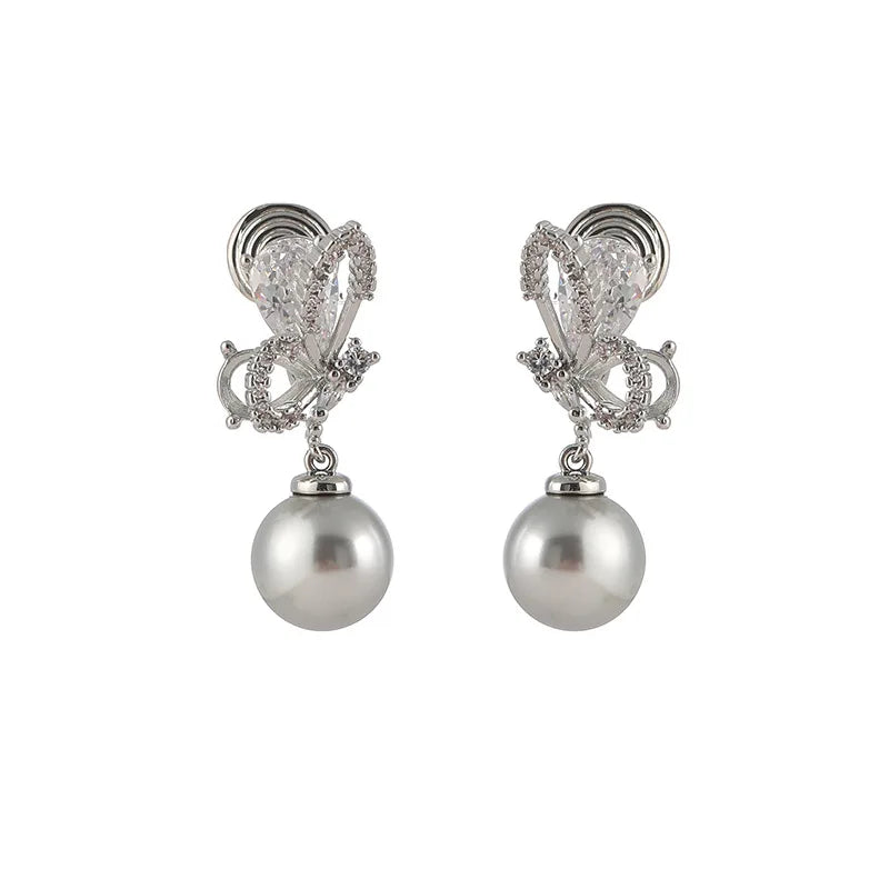 Luxury Zircon Butterfly Pearl Drop Stud & Clip On No Piercing Silver Gray Rhinestone Earrings