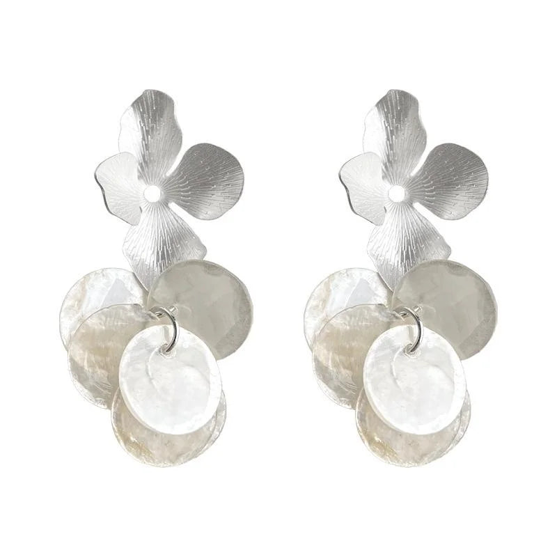 Real Shell Matte Silver Plated Floral Tassel Drop Earrings Fresh Vacation Style